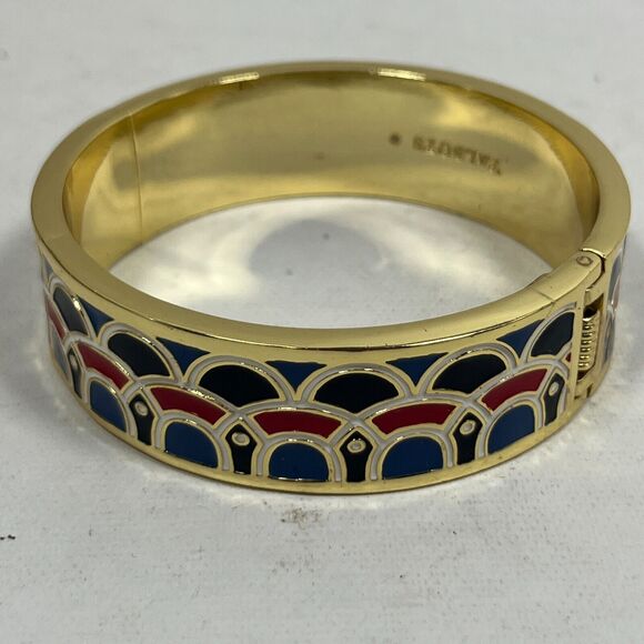 TALBOTS Bracelet Bangle Gold Tone Cuff Fashion Scallop Enamel Blue - Picture 1 of 7